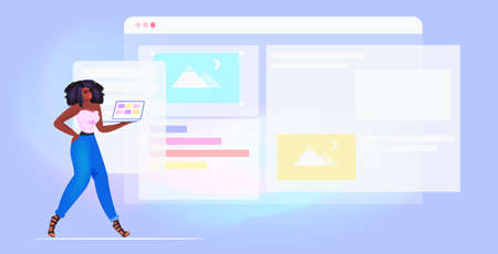 african american girl using computer application on laptop online communication concept horizontal full length vector illustrationのイラスト素材