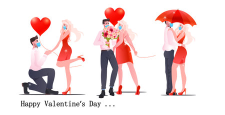 set man woman in masks standing together couple celebrating valentines day coronavirus quarantine conceptのイラスト素材