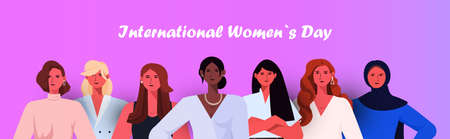 mix race women group celebrating womens day 8 march holiday celebration concept portrait horizontalのイラスト素材