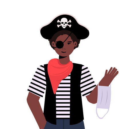 guy wearing pirate costume holding medical mask happy halloween party celebrationのイラスト素材