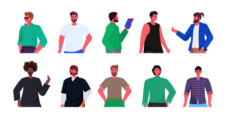 set mix race young men in casual trendy clothes male cartoon characters avatars collection