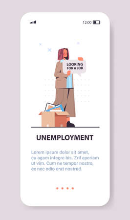 businesswoman holding looking for a job poster unemployment concept smartphone screen verticalのイラスト素材