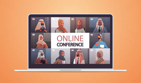 arabic doctors on laptop screen having medical video conference medicine healthcare online communicationのイラスト素材