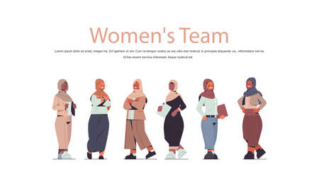 arabic businesswomen standing together successful womens team concept full length horizontalのイラスト素材