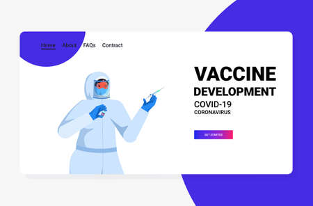 female doctor in protective mask and suit holding syringe and bottle vial coronavirus vaccine developmentのイラスト素材