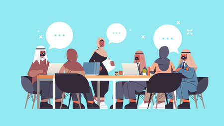 arabic businesspeople group discussing during conference meeting at round table chat bubble communicationのイラスト素材