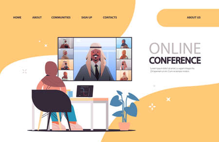 arab businesswoman at workplace discussing with arabic businesspeople during corporate online conferenceのイラスト素材