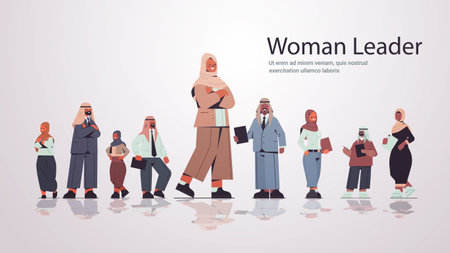 arab businesswoman standing in front of arabic businesspeople team leader leadership conceptのイラスト素材