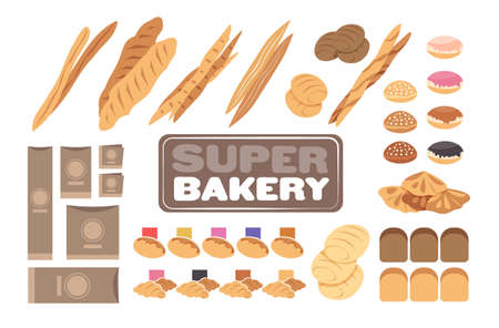 set different bakery pastry products collection horizontal vector illustrationのイラスト素材