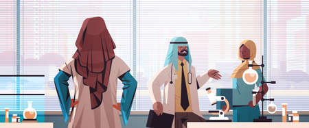 team of arabic doctors in uniform discussing during meeting in hospital laboratory medicine healthcareのイラスト素材
