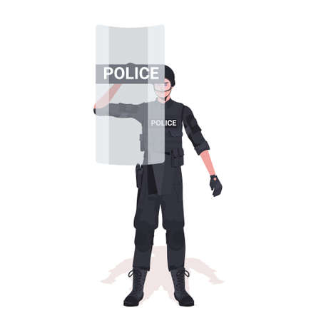 policeman in full tactical gear riot police officer with shield and protesters and demonstration riots mass controlのイラスト素材