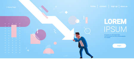stressed businessman stopping economic arrow falling down financial crisis bankrupt investment risk concept full length horizontal copy space vector illustrationのイラスト素材