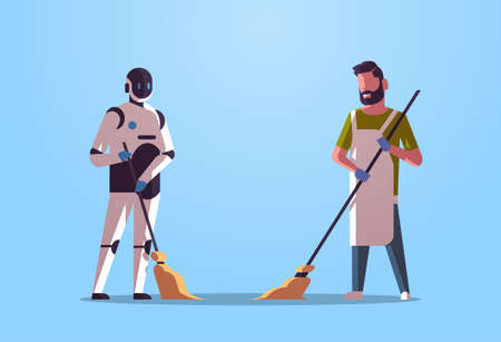robotic janitor with man cleaner sweeping and cleaning robot vs human standing together artificial intelligence technology concept flat full length horizontalのイラスト素材