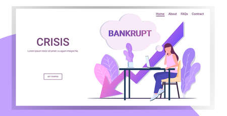 businesswoman using laptop at workplace bankrupt chat bubble economic arrow falling down financial crisis bankruptcy concept downward chart full length copy space horizontalのイラスト素材