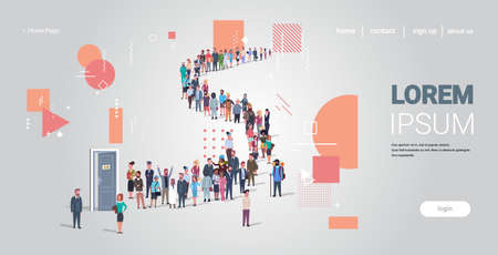 businesspeople candidates standing in line queue to door office hiring job employment concept different occupation workers group waiting for interview horizontal full length copy spaceのイラスト素材