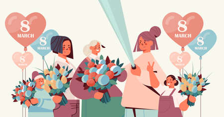 happy women with flowers and air balloons making selfie photo womens day 8 march holiday celebrationのイラスト素材