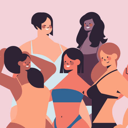 mix race women of different height figure type and size standing together love your body conceptのイラスト素材