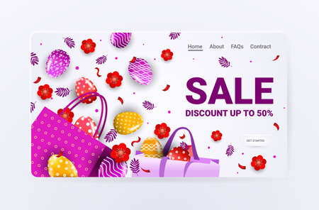happy easter holiday celebration sale banner flyer or greeting card with decorative eggsのイラスト素材