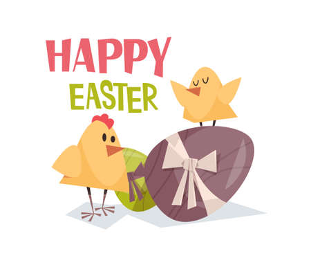 cute yellow chicks with decorated eggs happy easter spring holiday celebration greeting card poster