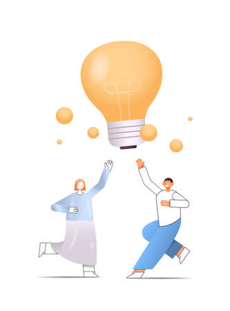 successful businesspeople couple holding light lamp new idea creative project concept full length isolatedのイラスト素材