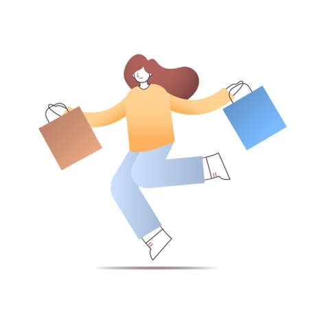 young girl holding purchases holiday sale shopping concept full length isolatedのイラスト素材