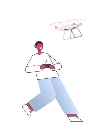 african american man controlling air drone with wireless remote controller full length isolatedのイラスト素材