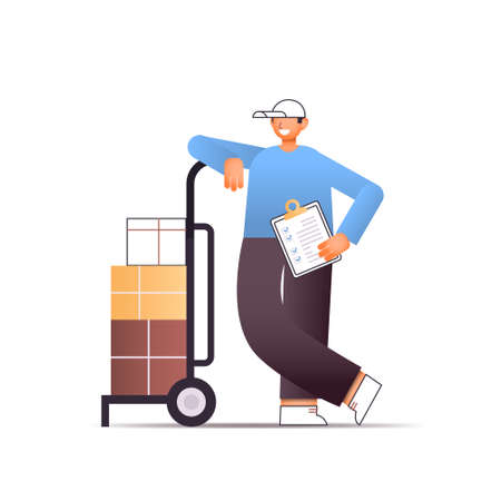deliveryman in uniform with trolley cart and checklist express delivery service concept full lengthのイラスト素材