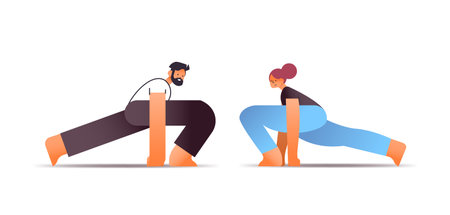 man woman couple in sportswear doing stretching exercises healthy lifestyle concept isolated full lengthのイラスト素材