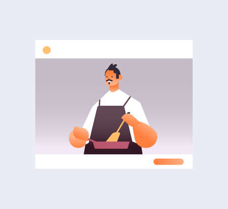 man food blogger preparing new recipe chef in web browser window telling how to cook dish online cooking schoolのイラスト素材