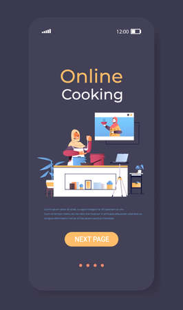 arab woman food blogger preparing dish girl watching video tutorial with female chef in web browser window online cooking concept copy space vertical vector illustrationのイラスト素材