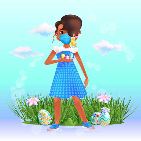 little girl in mask with eggs and cute chick happy easter spring holiday celebration quarantineのイラスト素材
