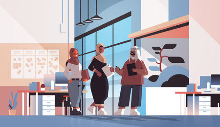 arabic businesspeople discussing during meeting business communication concept arab colleagues standing togetherのイラスト素材