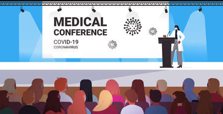 female doctor giving speech at tribune with microphone medical conference medicine healthcare conceptのイラスト素材