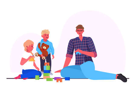 young father playing with little children at home fatherhood parenting concept dad spending time with his kidsのイラスト素材