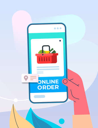 human hand using mobile app for ordering groceries fast delivery online shopping e-commerce food orderのイラスト素材