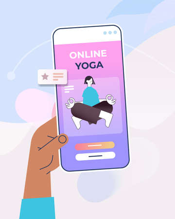 hand using mobile fitness app woman sitting lotus pose on smartphone screen training workout online yogaのイラスト素材