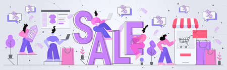 women customers buying goods special offer sale discount seasonal shopping concept horizontalのイラスト素材
