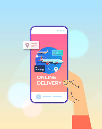 human hand using mobile app for ordering goods by airplane fast delivery service online shopping air logisticsのイラスト素材