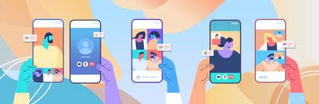 hands using mobile app for virtual conference meeting friends discussing during video call on...