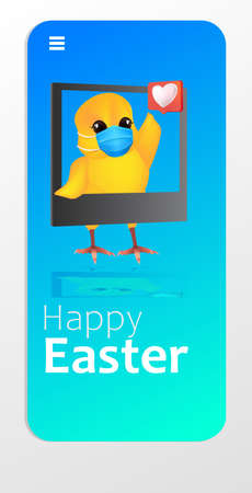 cute chick in mask using mobile app happy easter spring holiday celebration social media communicationのイラスト素材