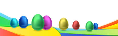 happy easter holiday celebration banner flyer or greeting card with decorative eggs horizontalのイラスト素材