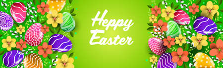 happy easter holiday celebration banner flyer or greeting card with decorative eggs and flowers horizontalの写真素材