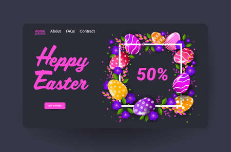 happy easter holiday celebration sale banner flyer or greeting card with decorative eggs and flowersのイラスト素材