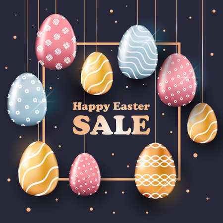 happy easter holiday celebration sale banner flyer or greeting card with decorative eggsのイラスト素材