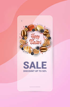 happy easter holiday celebration sale banner flyer or greeting card with decorative eggs verticalのイラスト素材