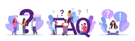 set mix race people with question exclamation marks using digital devices online support center frequently asked questions FAQ concepts collection full length horizontalのイラスト素材