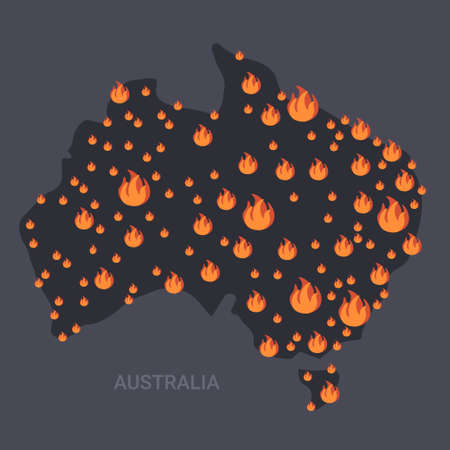 map of Australia with fire symbols bushfires seasonal wildfires global warming natural disaster concept orange flames icons flatのイラスト素材