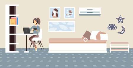girl blogger commentating game process video review blogging live streaming concept gamer in headphones using gamepad playing games on laptop living room interior full length horizontalのイラスト素材