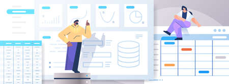 mix race businesspeople team analyzing charts and graphs data analysis planning company strategy teamworkのイラスト素材