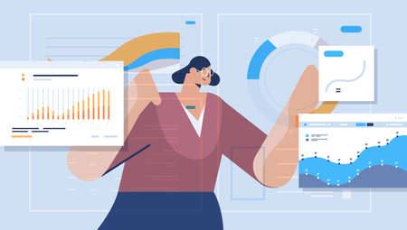 businesswoman analyzing financial statistics charts and graphs data analysis planning company strategyのイラスト素材